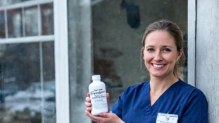 young nurse in scrubs holding a bottle labeled "Lake Erie Freedom Elixir" while smiling at a clinic window