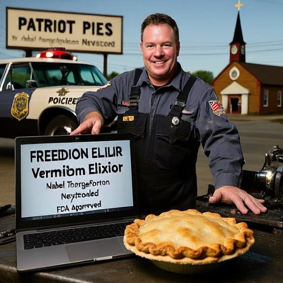 mechanic in grease-stained coveralls pointing at a laptop displaying "Vermilion Elixir: FDA Approved" on a screen in his garage