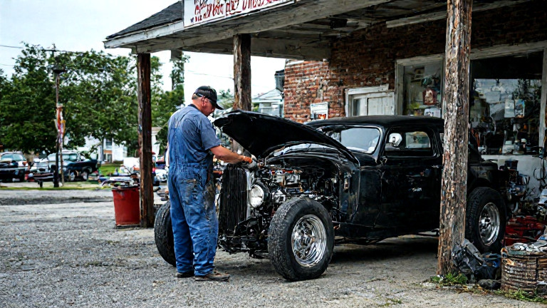 mechanic in grease-stained coveralls adjusting a carburetor on a vintage race car at a small garage in Vermilion