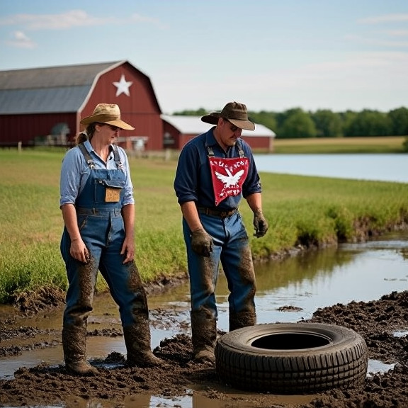 woman farmer in mud-stained overalls examining tire tracks in a field near a Vermilion barn