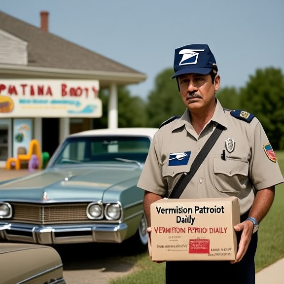 postal worker in uniform holding a parcel stamped "Vermilion Patriot Daily" with a stern expression