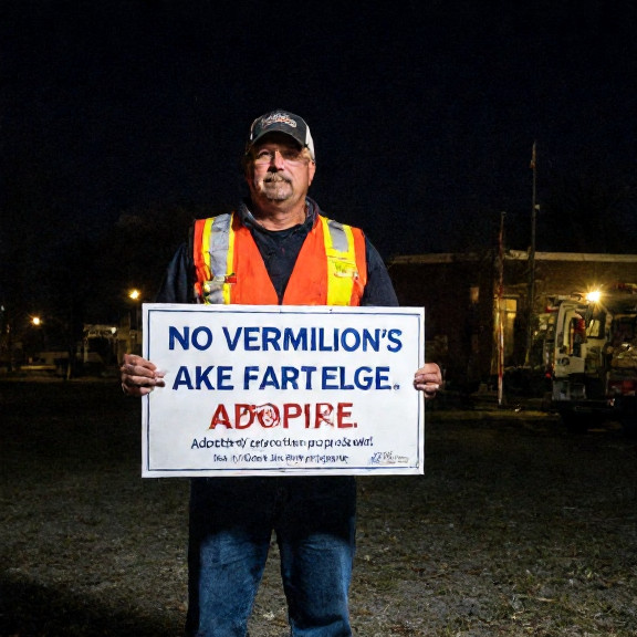 factory worker in safety vest holding a "Vermilion Patriots" sign outside a local plant