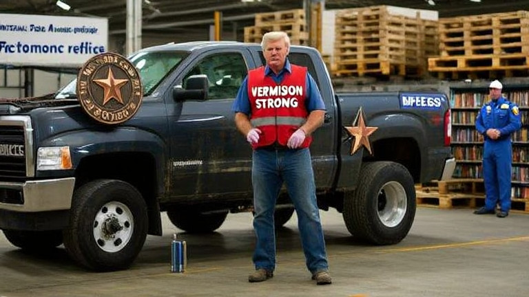truck driver in worn "Vermilion Strong" vest checking tire pressure on a pickup truck in a loading dock area