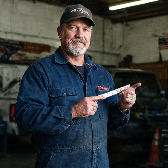 auto mechanic in grease-stained coveralls pointing at a speed bump with a ruler in a small Vermilion garage