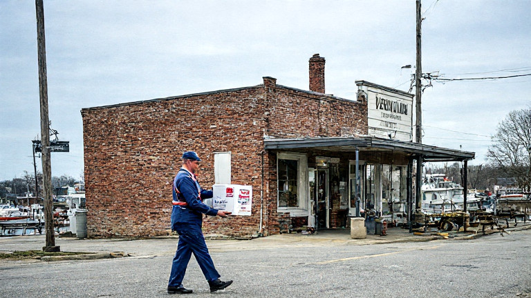postal worker in vintage uniform delivering a "Patriot Bump" kit to a Vermilion business
