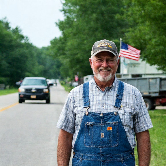 farmer in overalls smiling while standing next to a speed bump on a Vermilion roadside