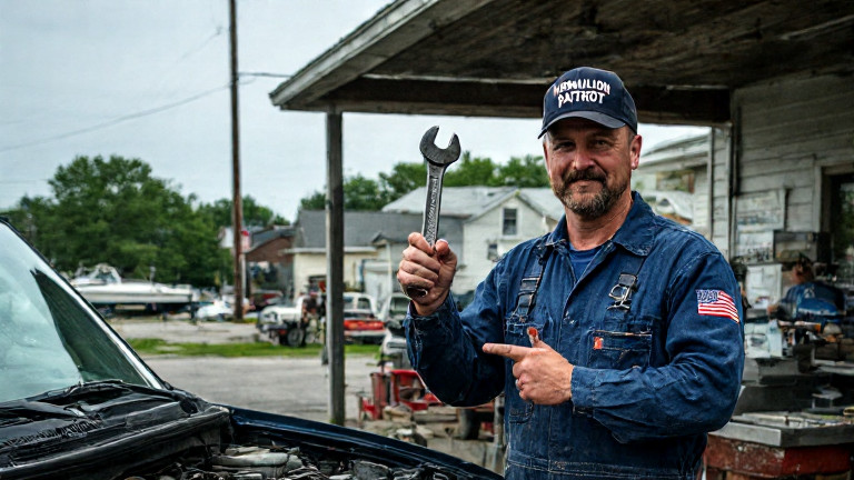 mechanic in grease-stained coveralls holding a wrench, pointing at a car engine with a "VERMILION PATRIOT" sticker on his cap