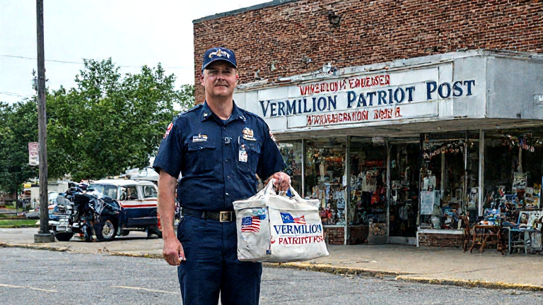 postal worker in uniform holding a mailbag marked "VERMILION PATRIOT POST" with a patriotic stamp