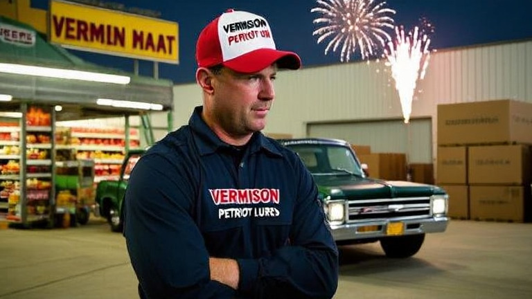 truck driver in a 'Vermilion Patriot Lures' cap checking a delivery truck at a shipping warehouse