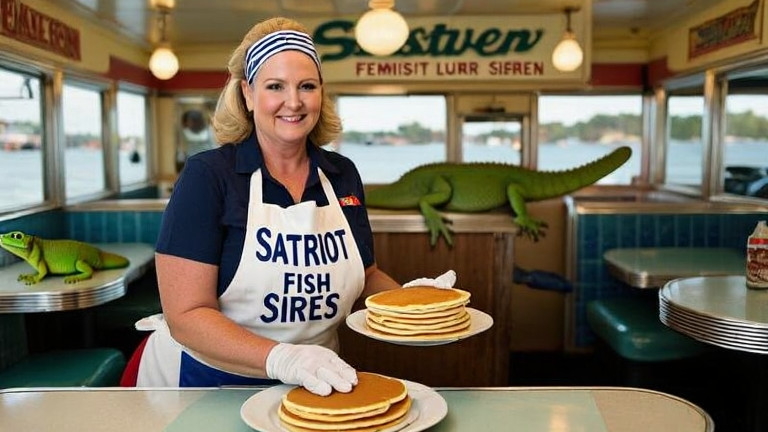 diner waitress in a "Patriot Lures" apron serving pancakes to a trucker at The Saltwater Siren
