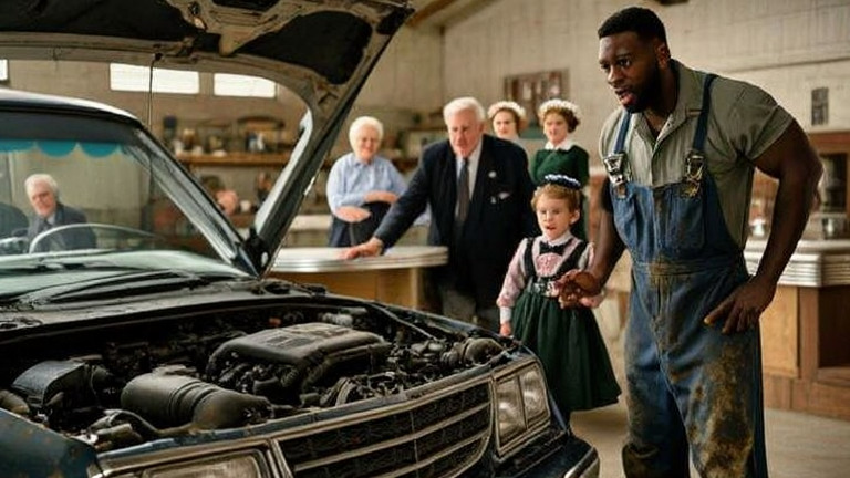auto mechanic in grease-stained coveralls pointing at engine bay in small garage