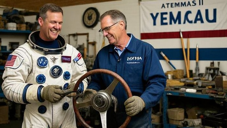 auto mechanic in grease-stained coveralls examining a vintage steering wheel in a cluttered garage