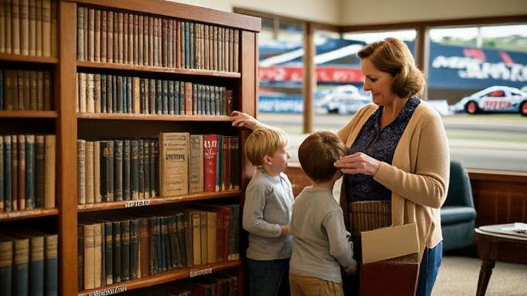 woman librarian in cardigan adjusting vintage books on a wooden shelf at a small-town library