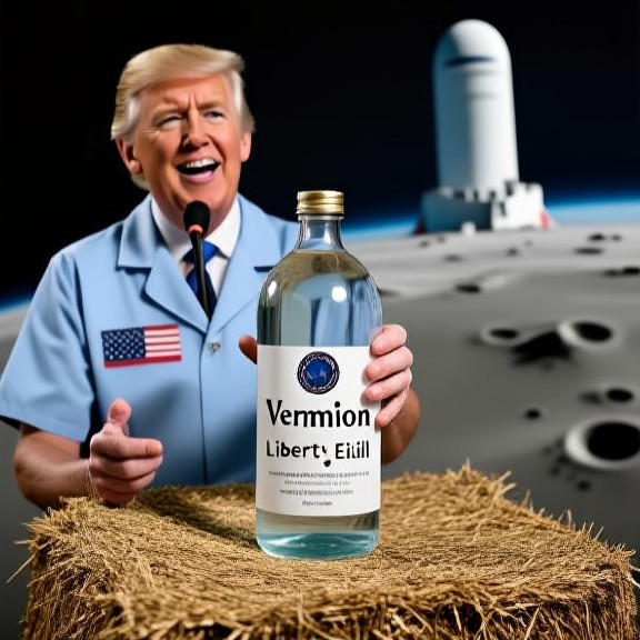 nurse in Vermilion clinic holding a glass bottle of clear water labeled "Vermilion Liberty Elixir" with a patriotic seal