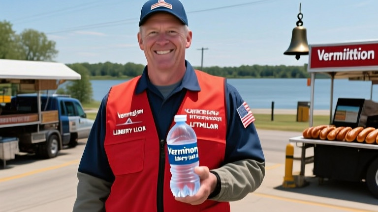 truck driver in red vest holding a water bottle with "Vermilion Liberty Elixir" logo at a rest stop