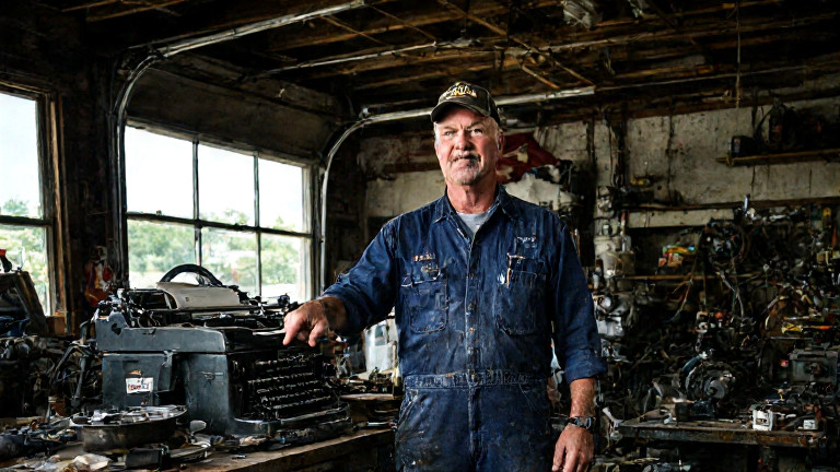 mechanic in grease-stained coveralls pointing confidently at a ballot printed on a vintage typewriter in a cluttered garage