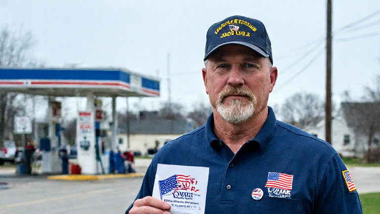 nurse in scrubs holding a ballot and a vintage "Vote For Freedom" pin at the Vermilion Community Health Clinic