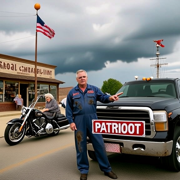 mechanic Earl "Patriot" Thompson in grease-stained coveralls pointing at a "Patriot" bumper sticker on his pickup truck