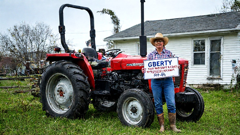 farmer Gladys "Patriot" Henderson in muddy boots leaning on a tractor while holding a "Liberty" sign