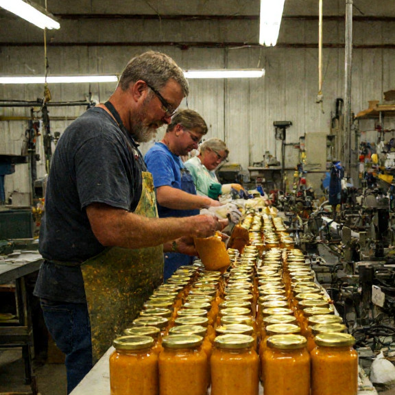 factory worker in stained apron meticulously filling glass jars with bright red pimento cheese on a humming assembly line