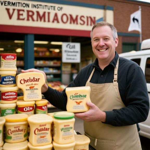 grocery clerk in apron arranging pimento cheese jars on a shelf at Vermilion Market, smiling at camera