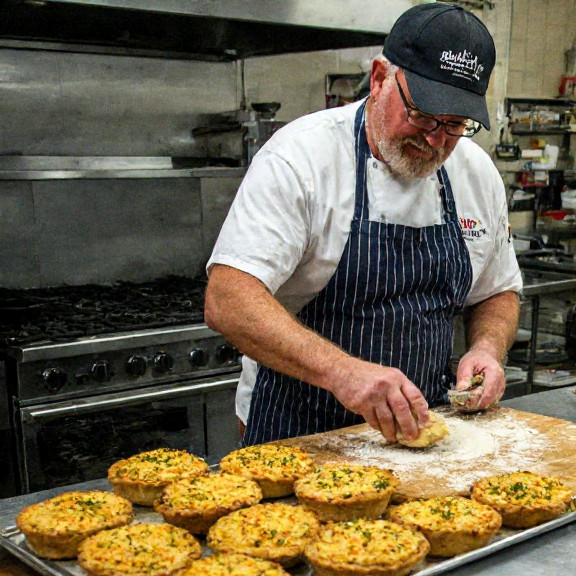 baker in hat and apron dusting pimento cheese sandwiches with herbs at a downtown bakery