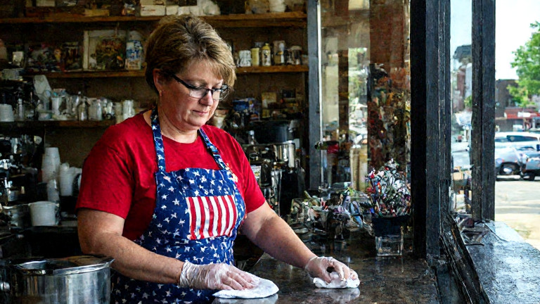 Vermilion tea shop owner in a flag-themed apron wiping down a counter with a 'Patriot Pots' logo, while a single bear claw mark is visible on the glass door