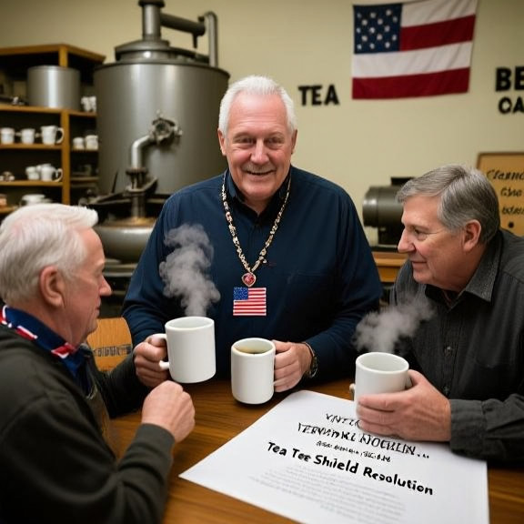 Vermilion City Council meeting with members holding steaming mugs, one wearing a flag-patriot apron, while a document labeled 'Tea Shield Resolution' sits on the table