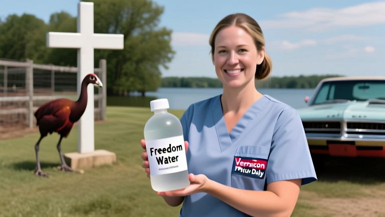 woman nurse in scrubs holding a clear bottle labeled "Freedom Water" with a Vermilion Patriot Daily sticker