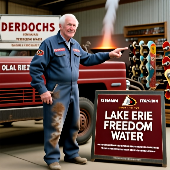 older man mechanic in grease-stained coveralls pointing to a "Lake Erie Freedom Water" sign on a truck cab