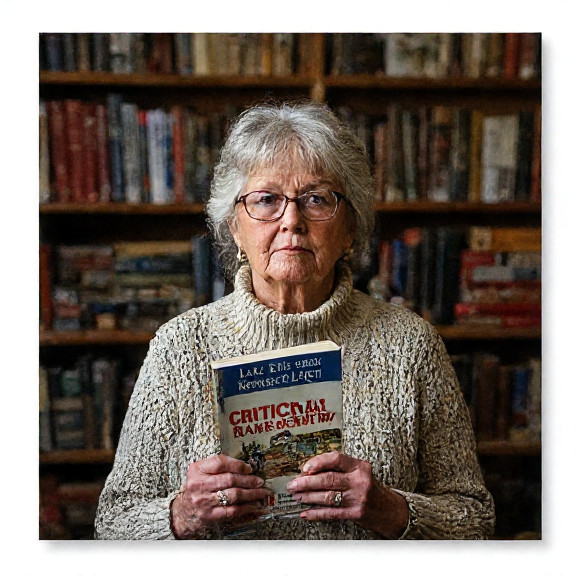 elderly woman in librarian cardigan holding "Critical Race Theory" book with a frown