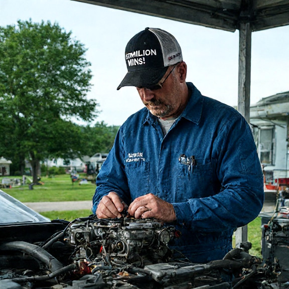 auto mechanic in grease-stained coveralls adjusting a carburetor while wearing a "Vermilion Wins!" cap