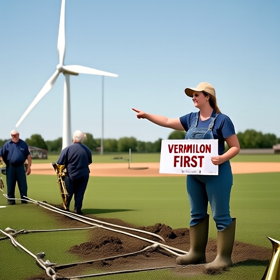 woman farmer in muddy boots checking irrigation lines near a wind turbine, holding a "Vermilion First" sign