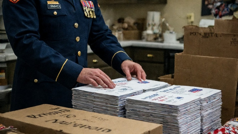 postal worker in uniform stacking "Patriot Mail" envelopes with Vermilion, Ohio stamps
