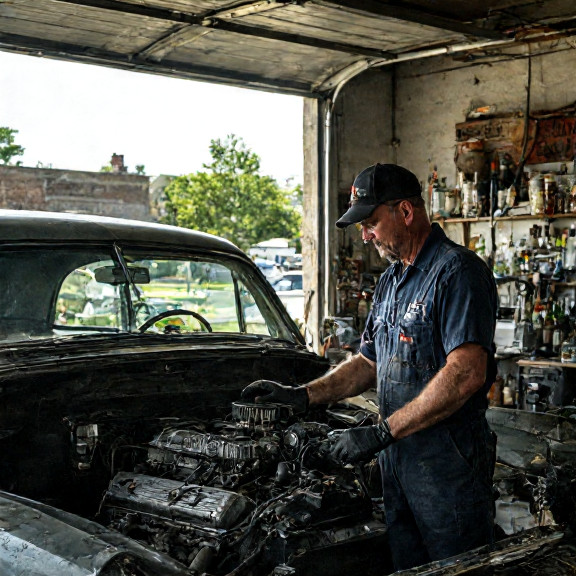 mechanic in oil-stained coveralls examining a vintage American car engine in a cluttered, sunlit garage