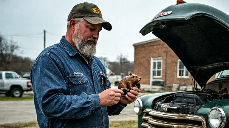 mechanic in oil-stained overalls holding a beaver-shaped car keychain while examining a vintage truck engine