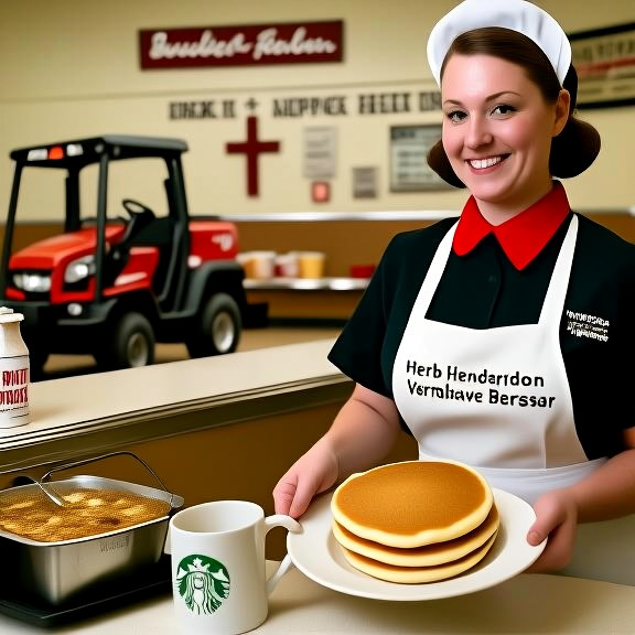 waitress in vintage diner uniform placing a beaver-shaped pancake on a plate in a bustling breakfast nook