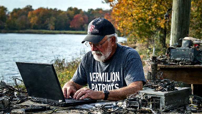 older man in faded "Vermilion Patriots" t-shirt typing furiously on a laptop while surrounded by old computer parts and a fisherman’s cap on a desk