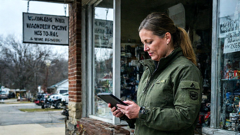 young woman in military-style jacket reviewing security logs on a tablet outside a converted hardware store, with a sign reading "Patriot Firewall HQ" visible through the window