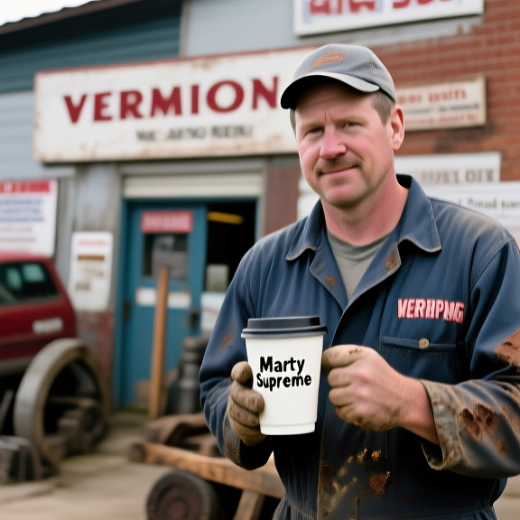 mechanic in grease-stained coveralls holding a "Marty Supreme" coffee cup outside a Vermilion auto shop