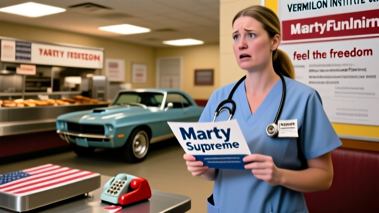 nurse in scrubs holding a "Marty Supreme" brochure while looking confused at a Vermilion clinic bulletin board