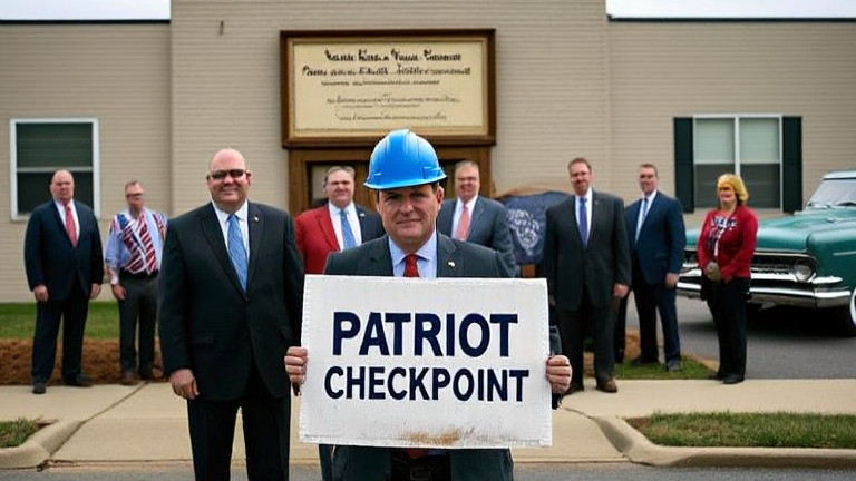 construction worker in hard hat holding a handmade "Patriot Checkpoint" sign outside Vermilion City Hall