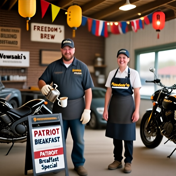 waitress in "Freedom's Brew" apron pouring coffee with a "Patriot Breakfast Special" sign visible