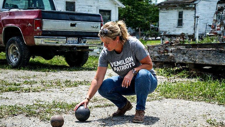 woman in faded "Vermilion Bocce Patriots" t-shirt adjusting a bocce ball on a cracked concrete lot next to a rusted pickup truck
