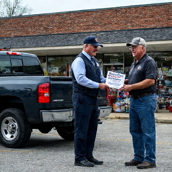 postal worker in uniform handing a flyer titled "Bocce for Liberty" to a man in a pickup truck outside a Vermilion post office