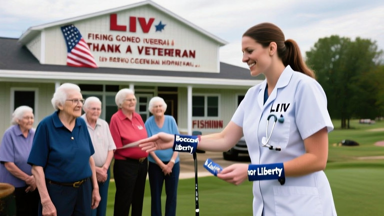 nurse in scrubs handing out "Bocce for Liberty" wristbands to a group of seniors outside Vermilion General Hospital