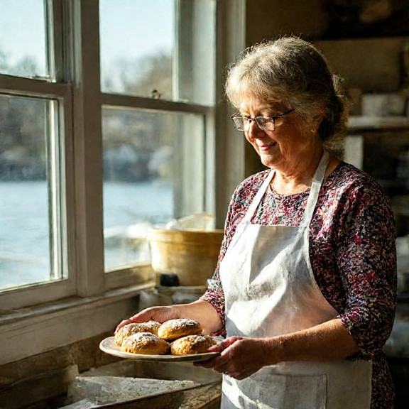 older woman baker in flour-dusted apron holding a Liberty Bell-shaped scone in a sunlit bakery window