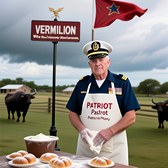 retired military veteran in crisp uniform standing proudly before a weather vane marked "VERMILION" at a local park