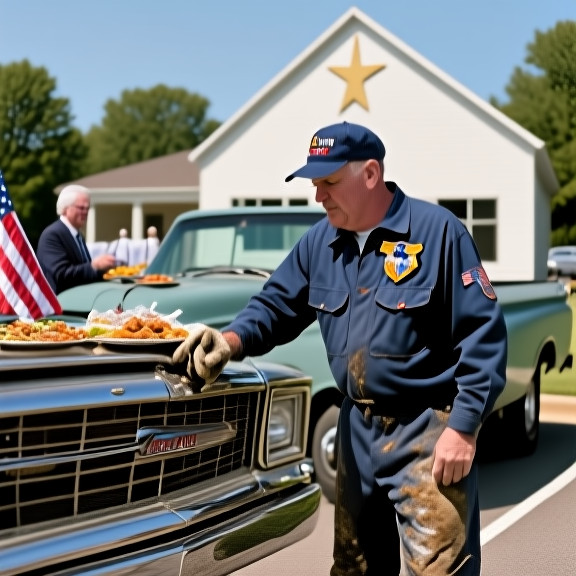 mechanic in grease-stained coveralls polishing a chrome bumper on a vintage pickup truck in front of a church parking lot