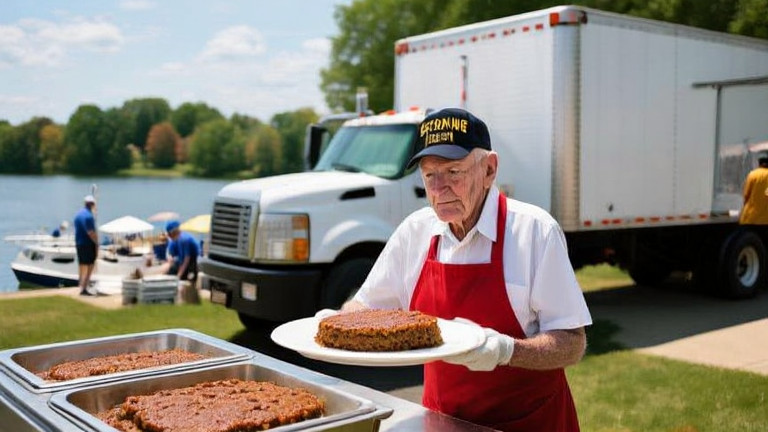 waitress in a red apron stacking meatloaf plates at a church buffet counter